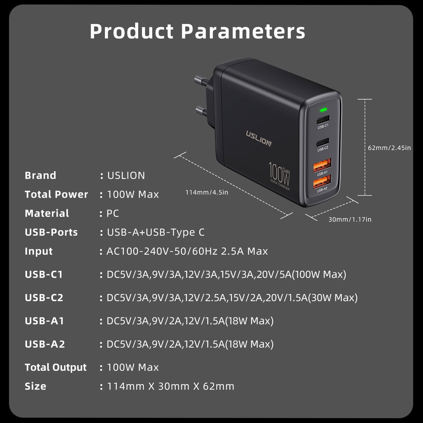 100W Gallium Nitride 4-port Fast Charging Charger